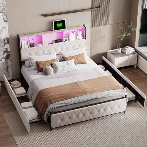 ADFUNIT Polsterbett Doppelbett 180x200 cm mit LED-Kopfteil und USB-Buchse, Jugendbett mit Lattenrost und 4 Schubladen Stauraum, Stauraumbett, Funktionsbett, Ohne Matratze, Samt Beige