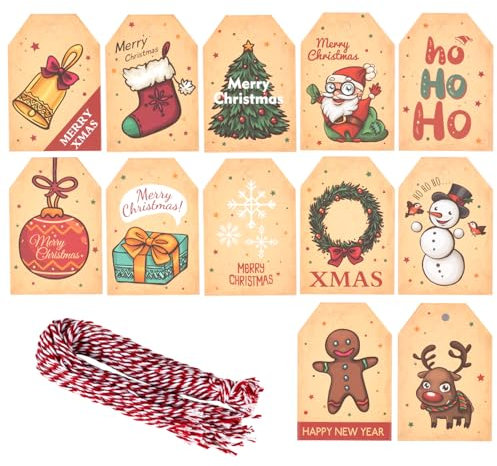 Acooruiteng 48 Stück Geschenkanhänger Weihnachten Kraftpapier Etiketten Geschenkanhänger Kraftpapier Anhänger Weihnachten Geschenkanhänger Christmas Tags mit Schnur für Weihnachten Dekoration