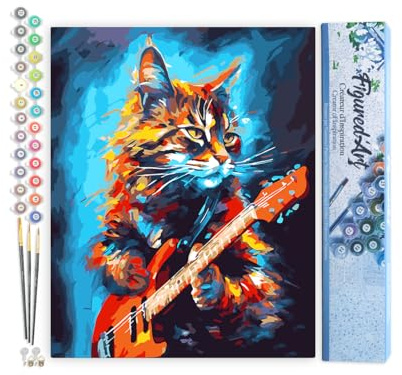 Figured'Art Peinture par Numéro Adulte Chat rocker en Abstrait - Activité Manuelle Kit de Loisir Créatif DIY Numéro d'Art Complet - 40x50cm sans châssis en bois