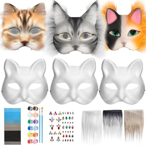 DLAIUSMALL 6 Stück Katzenmaske mit Augen Mesh Pelz Bart und Edelstein Aufkleber, Tier Katze Maske DIY Set Katzenmasken zu malen Filz,Kunsthandwerk Kit, DIY Blank Gesicht Maske Kostüm für Maskerade