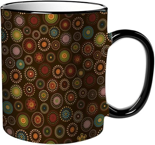KDWJS Tasse Keramik Kaffeetassen Große 11oz Tassen 330ml Trinkgläser Mit Griff Personalisierte Geschenk Weiß,Orientalisch inspirierte kreisförmige orientalische Blumen Vintage runde verzierte ethnisc