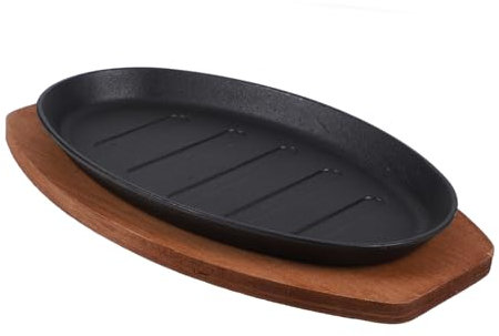 IMIKEYA Grillplatten Aus Eisen Für Steak Fisch Mit Holztablett Für Home Restaurant Antihaftend Langlebig