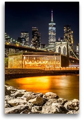 Premium Textil-Leinwand 30 x 45 cm Hochformat Magische Manhattan Impression mit der Brooklyn Bridge am Pebble Beach | Wandbild, HD-Bild auf Keilrahmen, Wanddekoration, Kunstdruck von Melanie Viola