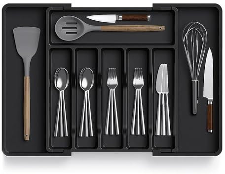 Nestiva Expandable Cutlery Drawer Organiser Adjustable Utensil Tray for Kitchen Drawer Storage, Silverware Holder for Forks, Knives & Spoons, Large 33–57cm, Black/Grey