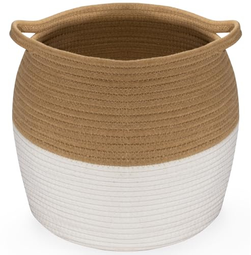 Rieeyrslza Vävd Tvättkorg 26L Oregelbundet Flätad tvättkorg av bomull, filtkorg med handtag, leksaksförvaringskorgar Lämplig för vardagsrum, sovrum och barnrum (26L Jute+Vit)