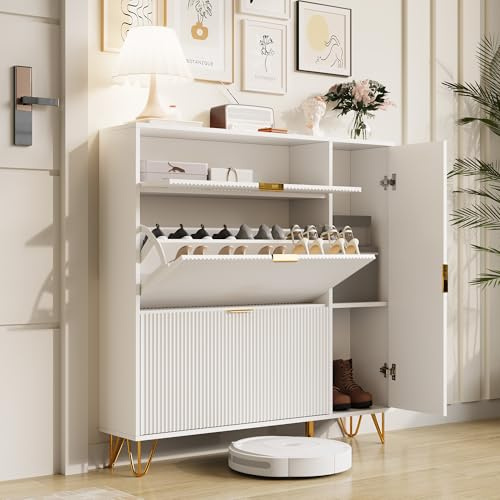 BPKADHY Schuhschrank mit 2 Klappen, 1 Türen und 1 Schublade, Schuhkommode und Schuhkipper schmal, Schuhregal für Flur oder Eingangsbereich, Platzsparend, 110x24x114.5 cm, Weiß
