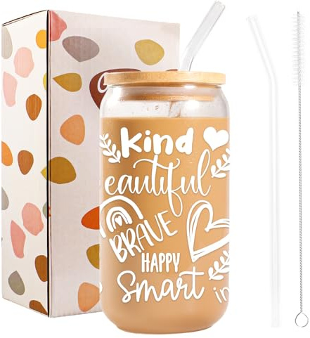 Bliceon Iced Coffee Glass Cup with Lid and Straw, 16oz Affirmation Iced Coffee Cup, Fun Birthday Gifts for Women Men, Family, Friends, Smoothies, Juice, Soda