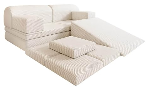 Home Deluxe Spielsofa LIV inkl. Rutsche und Stapelsteine - Cord Beige I Kinderspielsofa, Spielsofa mit Rutsche, Kinder Sofa mit Stapelsteinen, Multifunktionales Spielsofa, Kreatives Kindermöbel,