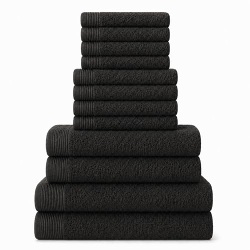 NOVOTEXTIL Juego Toallas Baño Completo 12 Piezas – 2 Toallas Baño Grandes + 2 Toallas Ducha + 4 Toallas Lavabo + 4 Toallas Cara – 100% Algodón 500 g/m² – Suaves y Absorbentes (Negro)