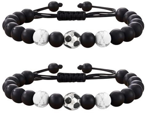 SwirlColor Fußball-Armband, 2 Stück, stilvoller schwarzer Stein, verstellbar, handgefertigt, Perlenarmbänder für Männer, Vater, Bruder, Freund