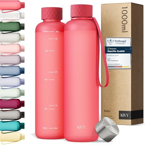 KIVY Gourde Tritan 1 L - Étanche & Compatible Eau Pétillante - Pour Sport, École & Bureau - Gourde Sport - Bouteille d’Eau 1 L - Lavable au Lave-Vaisselle - Sans BPA - Corail
