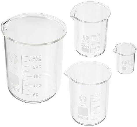 LIFKOME Vasos Medidores de Vidrio con Diseño de Vertedor Juego de 4 y Capacidad de 10 a 300 Ml Borosilicato Resistente para Laboratorio de Química para Experimentos Científicos
