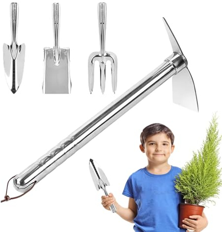 Duroecsain Kit di attrezzi da giardinaggio | Vanga in acciaio inossidabile per aerare la terra - Set portatile di 4 strumenti per prato, orto, balcone, terrazza con ventilazione del suolo e