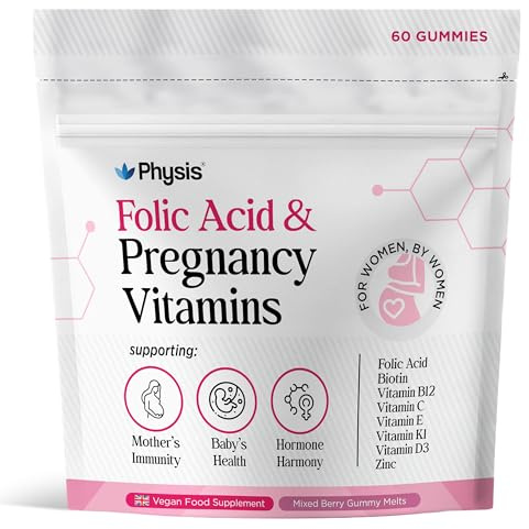 Physis Folic Acid & Pregnancy Vitamins | Prenatal Vitamins for Women | 60 Vegan Melt-in-Your-Mouth Mixed Berry Gummies | with Folic Acid, Vitamin D3, B12, Zinc, Iodine | UK-Made Pregnancy Supplements