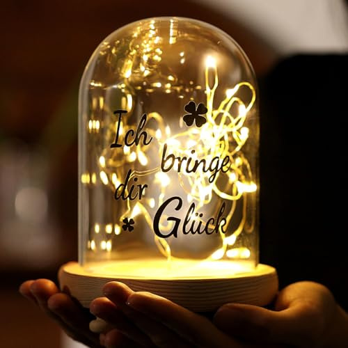 AWARDSEN Glasglocke LED Glückslicht, Flaschenlicht Glaskuppel mit Sockel | AWARDSEN Ich bringe dir Glück Geburtstagsgeschenk Mutmacher Geschenk für Frauen
