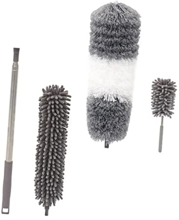 Veemoon Telescopic Microfiber Duster Brush with Chenille and Fine Fiber Heads, Extendable Household Dust Cleaner for Ceiling, Furniture, and High Surfaces Cleaning