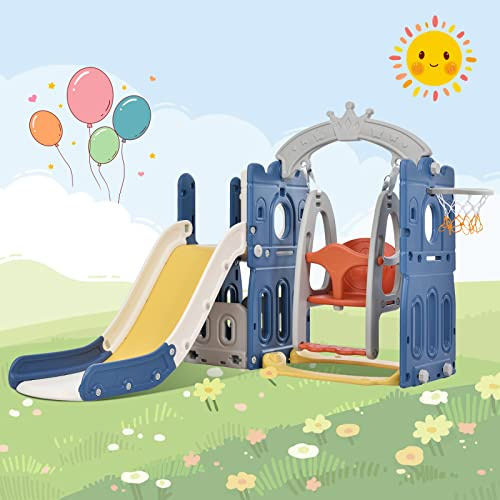 Rutsche für Kinder, 5 in 1 mit Basketballkorb, Kinder, Schaukel, freistehend, Spielplatz, Innen- und Außenbereich, freistehendes Kletterspielset, Blau B)