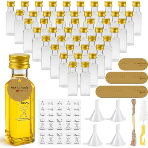 Ferenando 54 Pack Mini Alcohol Bottles, 25ml Mini Liquor Bottles | Reusable Mini Plastic Bottle with Screw Caps, Empty for Vodka, Baileys, Weddings Parties, with Hangtag, Funnel, Label