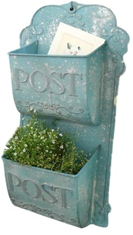 OXOAMP Wall-Mount Mailboxes Metal Letter Box Double Layer Outdoor Wall Mount Mailbox French Rural Style Wind Leaving Message Storage Home Decoration Locking(Blue)