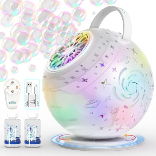 Rechargeable Bubble Machine - Auto 90°/360° Rotation, Remote Control, 7-Color RGB, Larger Bubbles Design, Bubbles Maker Toys Gifts for Kids, Toddlers, Easter, Birthday, Parties, Wedding, Boys, Girls