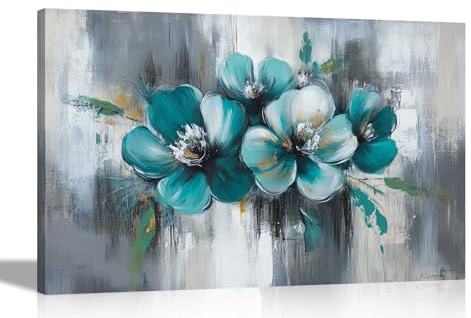 Artley Prints - Abstract Teal and White Flowers Canvas Wall Art Pictures Home Decor Artwork Floral Bedroom Oil Painting Pictures 76 x 50cm (30 x 20 inches)
