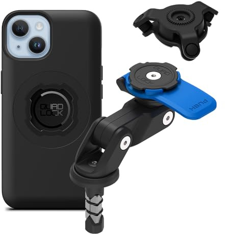 QUAD LOCK Gabelschaft-Handyhalterung (V2) für Motorrad mit Vibrationsdämpfer und MAG Hülle für iPhone 14