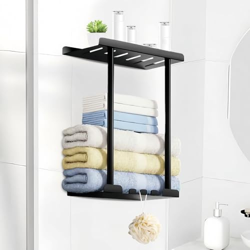 WEELOO Towel Rack Bathroom Towel Storage, Wall Mounted Double Layered Metal Rack for Small Bathroom Organizer Roll Towels Storage