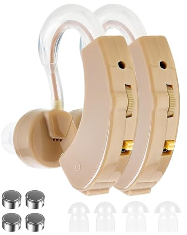 Giazee Hearing Amplifier for Adults & Seniors (Pair), Behind-the-Ear Personal Hearing Support Device with 6 Volume Levels, Noise Reduction for Clear Conversations & TV, 6 Domes, Battery Powered, Case