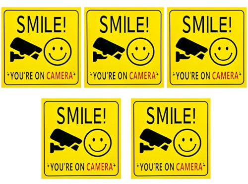 Wellrun 5 Pack Smile You Are On CCTV Sign,150x100mm Self-Adhesive Vinyl Security Stickers,Weatherproof Friendly Surveillance Warning Decals for Home,Shop,Office