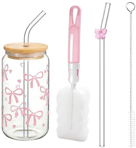 xoqoiuo 5PCS Bow Glass Cups with Lids and Straws Set, 500ml Cute Iced Coffee Cup with 2 Cleaning Brushes and 1 Pink Bows Glass Straws Drinking, Bows Pink Cups for Bow Gifts for Women