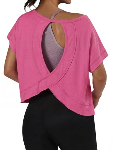 GRECERELLE Women's Loose Fit Workout T-Shirt Short Sleeve Gym Top with Open Back for Running Yoga Pilates - Quick Dry & Breathable