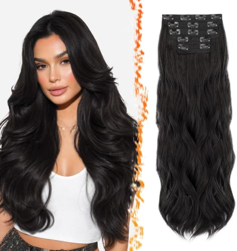 BARSDAR Clip i hårförlängningar, svart brun, 60 cm lång vågig layered clip in Extensions för kvinnor, 5 st, spets, voluminös, syntetisk, lös våga, svart, brun, hårdel, hårförlängning