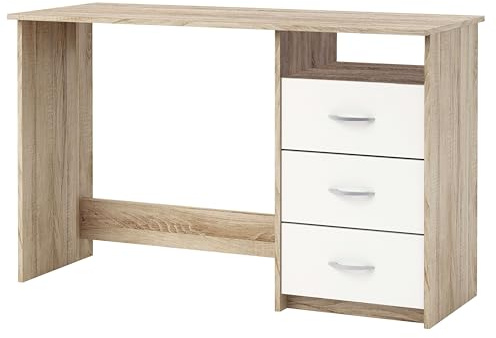Demeyere 101000 Aristote Bureau avec Niche/3 Tiroirs Panneau de Particules Chêne Brossé/Blanc Perle 123 x 50,1 x 76,5 cm