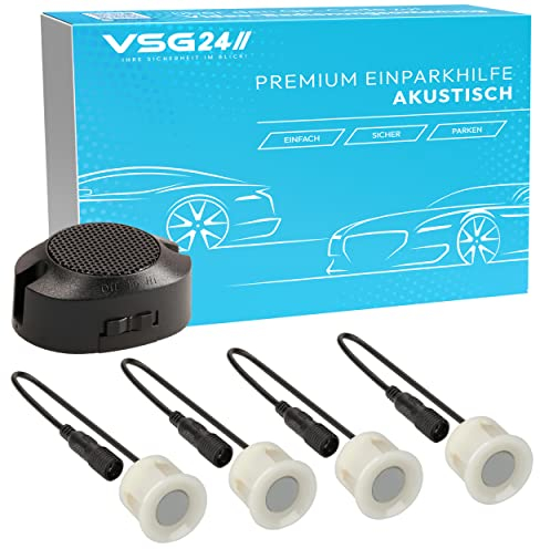 VSG24 Premium Einparkhilfe hinten zum nachrüsten am Auto, PDC Parksensoren hinten mit Stecksystem für einfachste Montage Rückfahrwarner mit Lautsprecher & 4 Sensoren Parkhilfe Nachrüstsatz Unlackiert