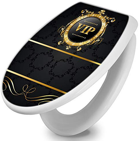 banjado Toilettendeckel mit Absenkautomatik 44,5x37cm / WC Brille Soft Close/hygienischer Toilettendeckel/Klodeckel Duroplast Edelstahl Scharniere einfache Montage/Motiv VIP