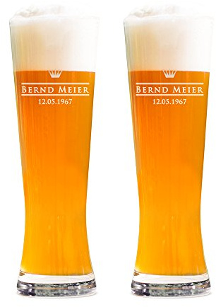AMAVEL 2er Set Weizenbierglas Gravur Royal, Personalisiert mit Namen und Datum, 0,5l Bierglas, Individuelle Weizengläser, Weißbierglas Gläserset, Geburtstagsgeschenk für Männer