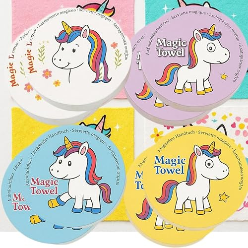 KAMACA 8er Set Magische Handtücher Baumwolle Zaubertuch für Kinder Zauberhandtuch Mitgebsel Geschenkidee Kindergeburtstag Geschenk Reisen statt Süßigkeiten (8er Set Comic Einhorn)