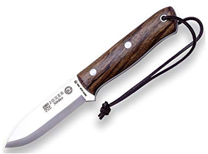 Joker Sport-Jagdmesser Nordico CN119-P, Griff aus Nussbaumholz, Klinge 10 cm aus Böhler K720 Kohlenstoffstahl, braune Lederscheide mit Feuerstahl, Werkzeug zum Angeln, Jagen, Camping und Wandern