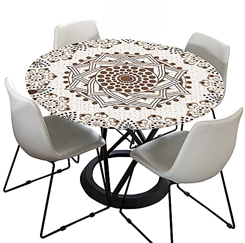 Morbuy-shop Mantel Antimanchas Redondo 90cm, Crema Mantel Elastico Ajustable, Mandala Impermeables Manteles para Decoración Hogar Cocina Comedor Cumpleaños Jardín (para Mesa 70-80cm)