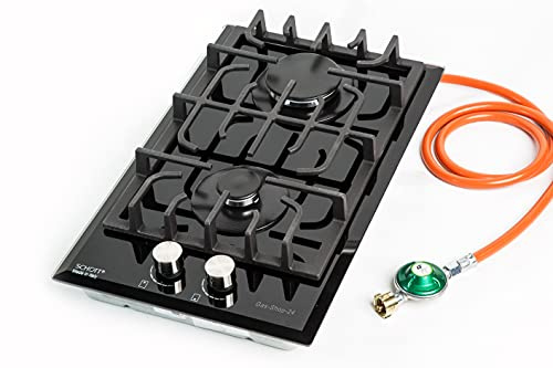 Gas-Shop-24 Gaskochfeld 2 flammig Gaskocher Einbauherd f. Propangas/Erdgas + Schlauch & Regler - massive Gusseisen Topfträger und Glasoberfläche ( Gasherd, Campingkocher, Kocher 20 mbar / 50 mbar)