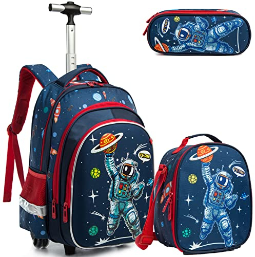 Rucksack Junge Schulranzen Trolley Schulrucksack Mädchen Teenager 3PCS 17” Kinder Schultrolley Geeignet für Schule und Reise Essensbeutel und Federmäppchen Blauer Astronauten Rollenrucksack