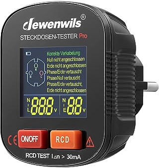 DEWENWILS Steckdosentester, Stromprüfer mit RCD-Prüfung und LCD-Display, 6 Arten von Fehlerdiagnose, Leckspannungs- und Stromanzeige, FI Test, 48-250V/45-65Hz, CAT ll 300V