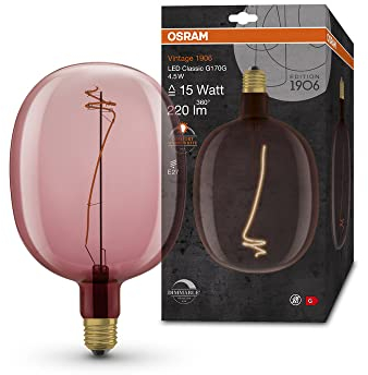 Osram Lamps Vintage 1906 LED-Lampe mit pinker Tönung, 4,5W, 220lm, Ballon-Form mit 170mm Durchmesser & E27-Sockel, warmweiße Lichtfarbe, dimmbares Filament, bis zu 15.000 Stunden Lebensdauer
