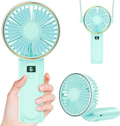 Peiyuu Ventilateur portable rechargeable USB 4000mAh, mini ventilateur de bureau pliable à 180° avec 6 vitesses de vent, affichage numérique LCD, cordon de portage comme ventilateur de cou, ultra