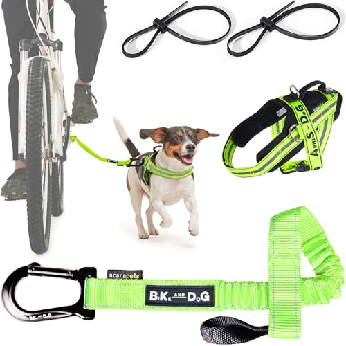 Correa y Arnés de Perro para Bicicleta, arnés con 3 Anillas, 2 Son Laterales, Incluye 2 Bridas Especiales para Bicicleta. Patentado. (XS, Amarillo)