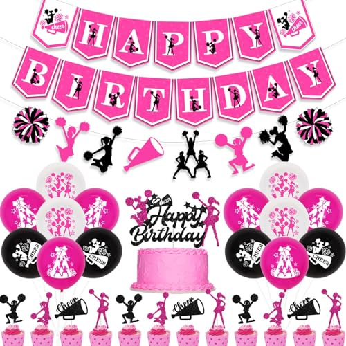Kreatwow Cheerleading Decorazioni per feste di compleanno per ragazze rosa rosso nero Cheerleader Happy Birthday Banner Cake Topper Palloncini We've Got Spirit Gymnastic Compleanno Decorazioni