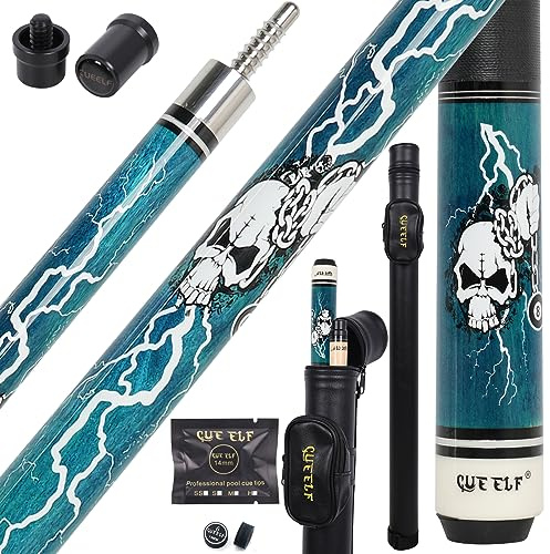 CUEELF Billardqueue mit Totenkopf-Motiv, professioneller Poolstab, niedrige Umlenkung, Schaft, 13 mm, schwarze Spitze, Hartholz, kanadischer Ahorn, Billardqueue
