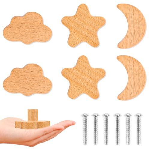RUNEAY Möbelknöpfe Kinder Holz 6 Stück, Schrankknöpfe Kinder Holz mit 30mm Schrauben, Holzknöpfe für Kinder Möbelknöpfe Sterne, Mond, Wolken Schrankknöpfe für Kinderzimmer, Schrank, Schubladen