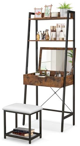 COSTWAY Dressing Table and Stool Set with Flip Top Mirror, Wooden Makeup Vanity Table Set with 2 Ladder Shelves and 4 Hidden Storage Compartments, Bedroom Cosmetics Dresser Gift (Rustic Brown+Black)