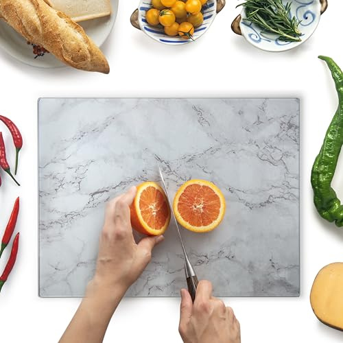 Tabla de Cortar de Vidrio 40 x 30 cm: Protector de Encimera de Vidrio para Cocina - Vidrio Templado Duradero e Higiénico, Resistente a Arañazos - EFECTO MÁRMOL GRIS